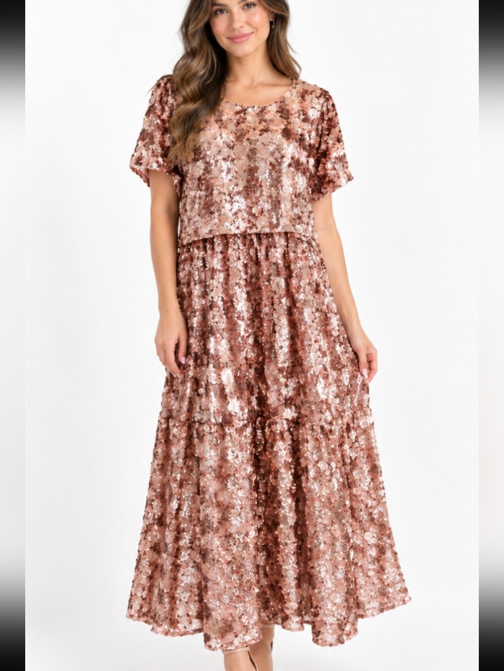 Anthropologie Maeve Bernadette Rose Gold Sequin Midi Dress Size L NEW